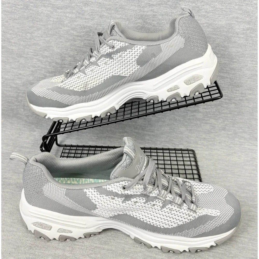 Skechers D'Lites Sneakers Womens 11 Gray White Knit Rhinestone 11955 GYW - Picture 3 of 14